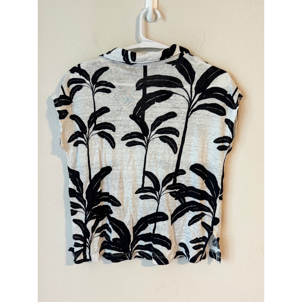 Tahari Women White Black Palm Leaf Print 100% Linen V-Neck Cap Sleeve Top Size S